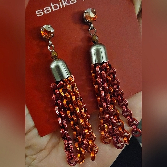 Sabika Spring Summer 2018 Boho Tassel Chain Dangles Orange Red Hyacinth Silver - Picture 1 of 5